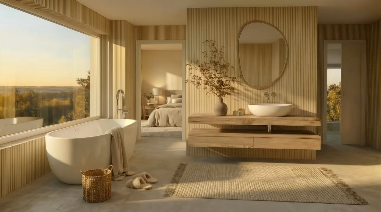 Lichtdurchflutetes Badezimmer mit freistehender Badewanne – Projekt Privileg